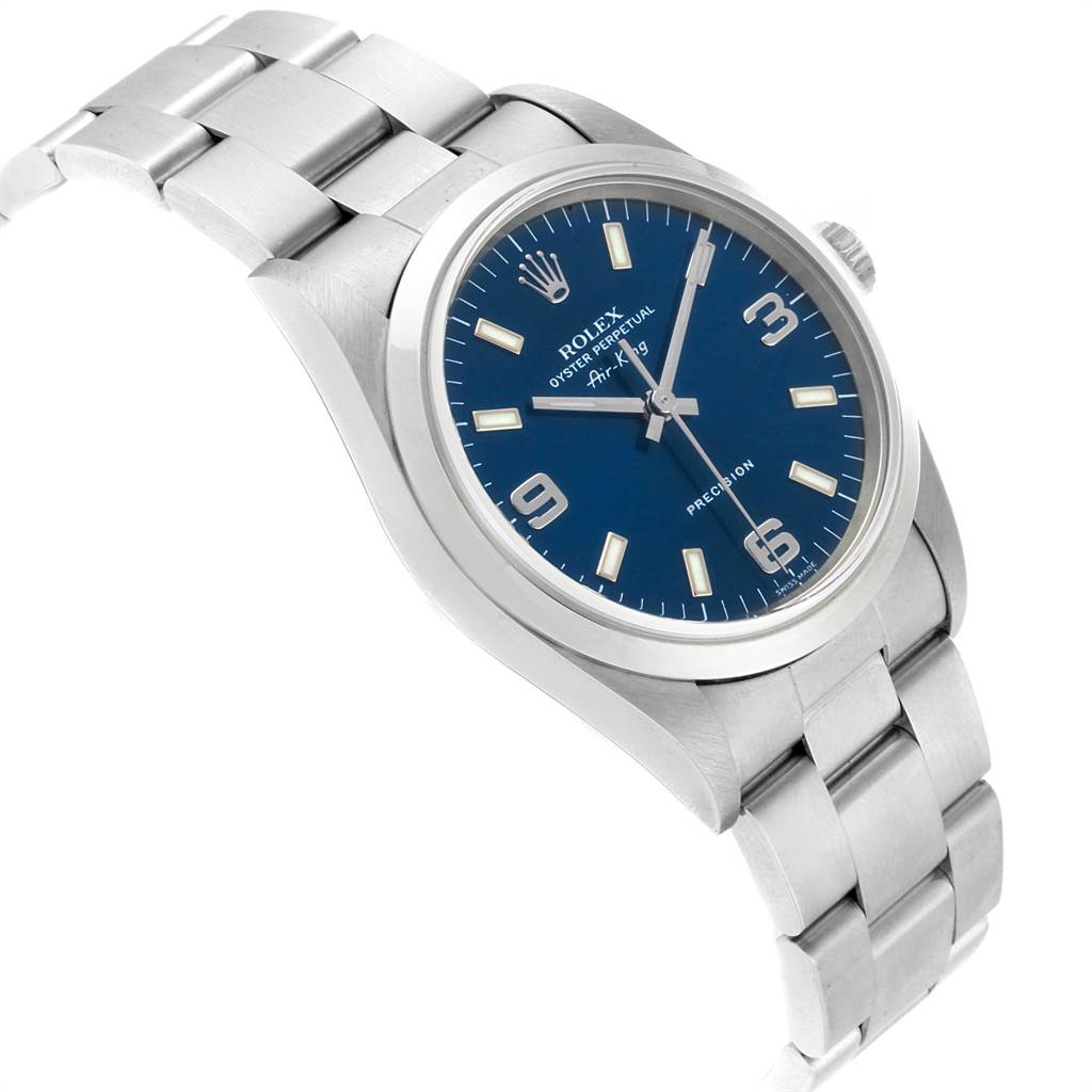 The image shows the Rolex Air-King 14000 Men's Stainless Steel Blue Dial 14000 Men's Stainless Steel Blue Dial watch at an angled view, displaying its blue dial, markers, hands, bezel, and part of the metal bracelet.