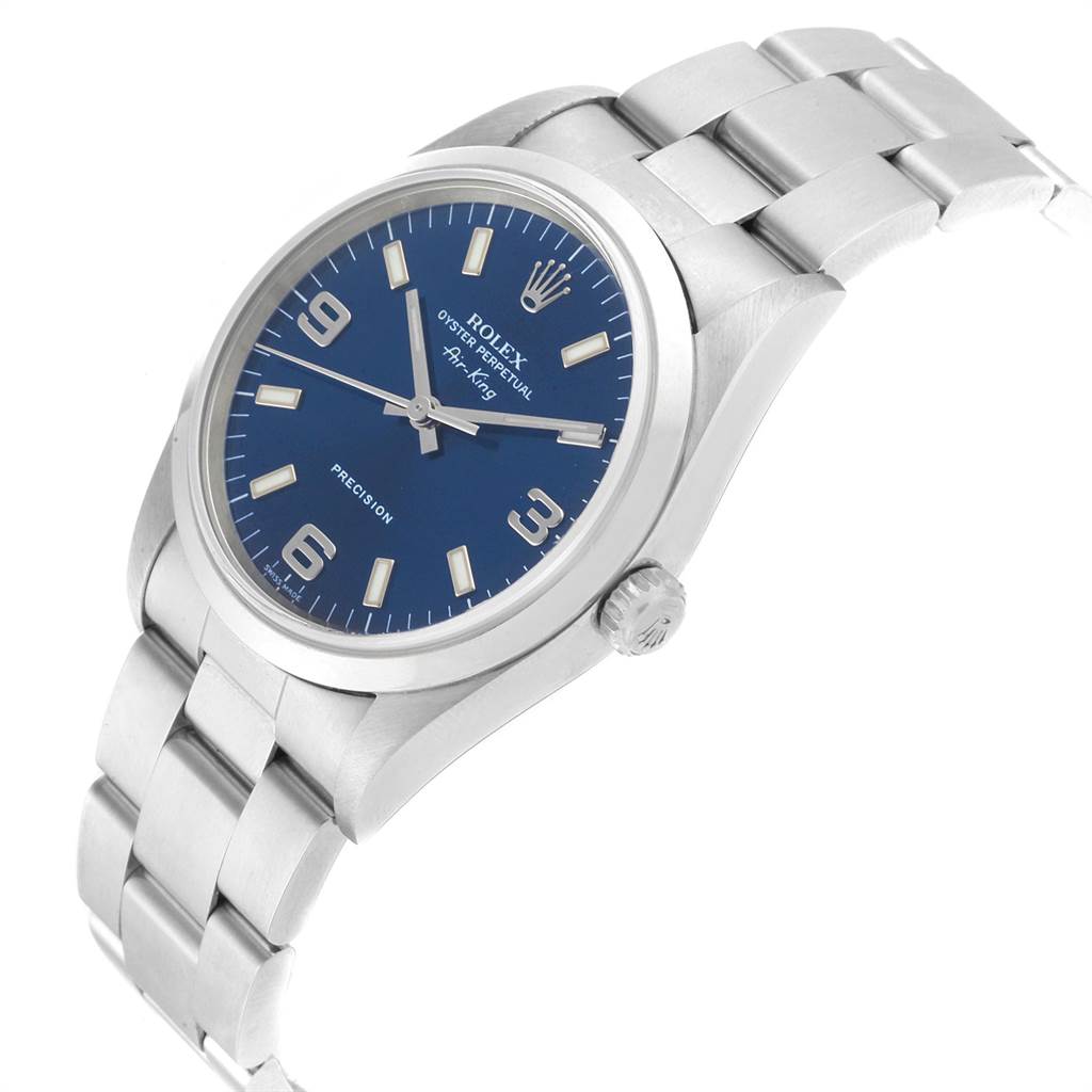 The Rolex Air-King 14000 Men's Stainless Steel Blue Dial 14000 Men's Stainless Steel Blue Dial watch is shown at an angled view, displaying the face, bezel, crown, and bracelet.