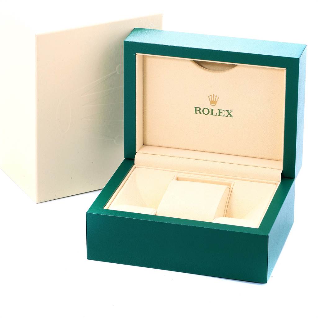 The image shows an open green and cream Rolex watch box for the Air-King model, with the Rolex logo inside.