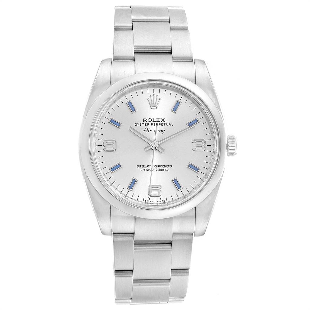 This image shows a front view of a Rolex Air-King 114200 Men's Stainless Steel Silver Dial 114200 Men's Stainless Steel Silver Dial watch, displaying the dial, hands, and bracelet.