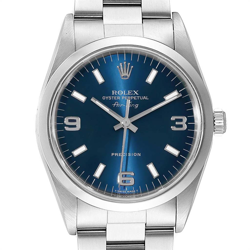 The image shows a front view of a Rolex Air-King 14000 Men's Stainless Steel Blue Dial 14000 Men's Stainless Steel Blue Dial watch, displaying the dial, hands, markers, and part of the bracelet.