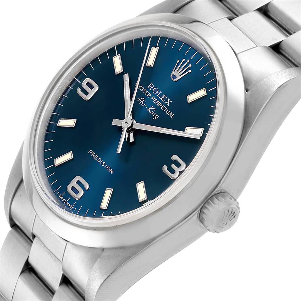 The image shows a Rolex Air-King 14000 Men's Stainless Steel Blue Dial 14000 Men's Stainless Steel Blue Dial watch with a blue dial, silver markers, crown, and part of the bracelet at an angled view.