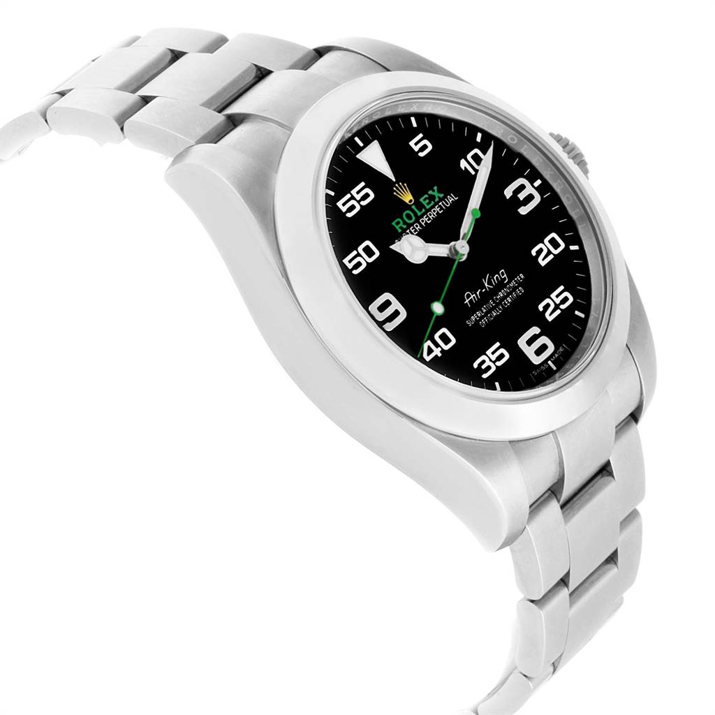 The image shows a Rolex Air-King 116900 Men's Stainless Steel Black Dial 116900 Men's Stainless Steel Black Dial watch at a slight angle, highlighting the face, bezel, and part of the bracelet.