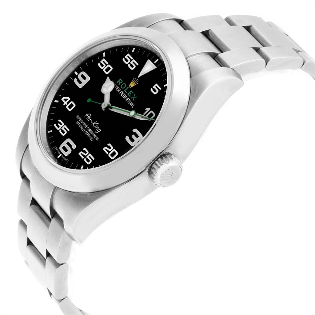 The image shows a side view of the Rolex Air-King 116900 Men's Stainless Steel Black Dial 116900 Men's Stainless Steel Black Dial watch, highlighting its black dial, crown, and stainless steel bracelet.