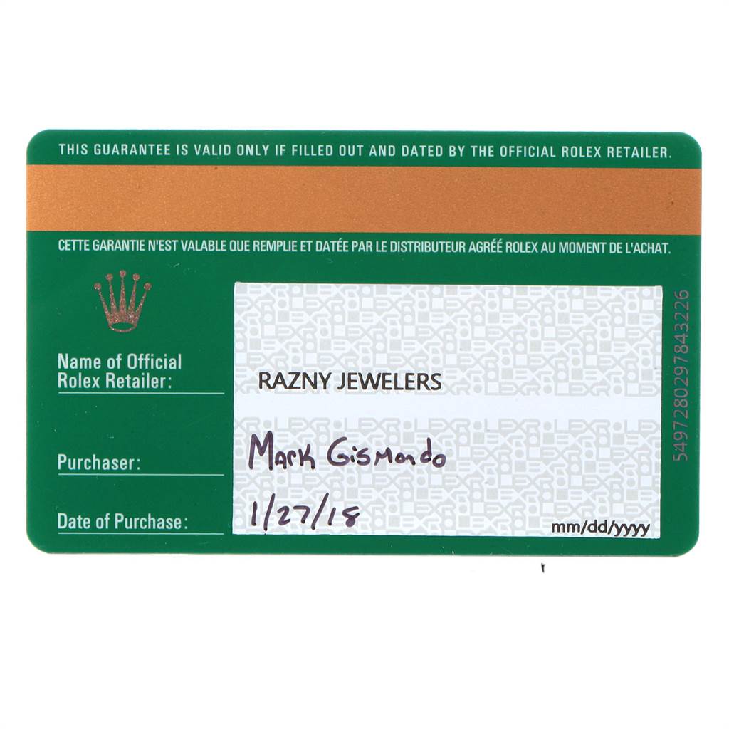 The image shows a green and white Rolex guarantee card for the Air-King model, including retailer and purchase details.