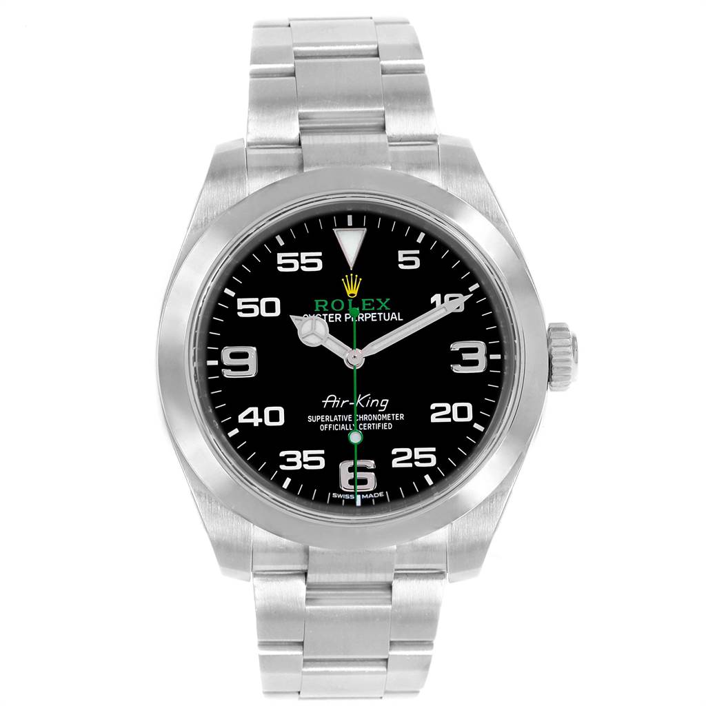 This image shows a frontal view of the Rolex Air-King 116900 Men's Stainless Steel Black Dial 116900 Men's Stainless Steel Black Dial watch, displaying its face, bracelet, and bezel.