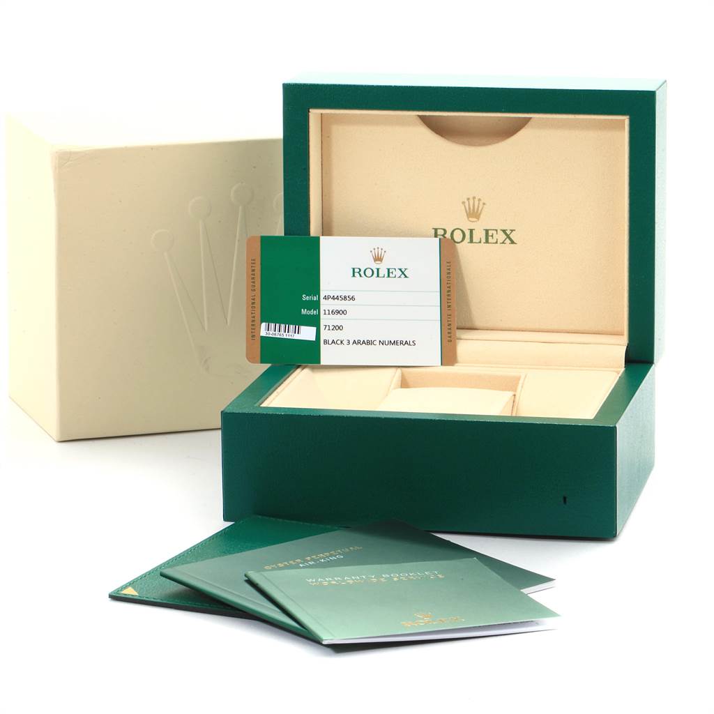 The image shows a Rolex Air-King 116900 Men's Stainless Steel Black Dial 116900 Men's Stainless Steel Black Dial watch box, warranty booklet, and tag, displayed from a front angle.