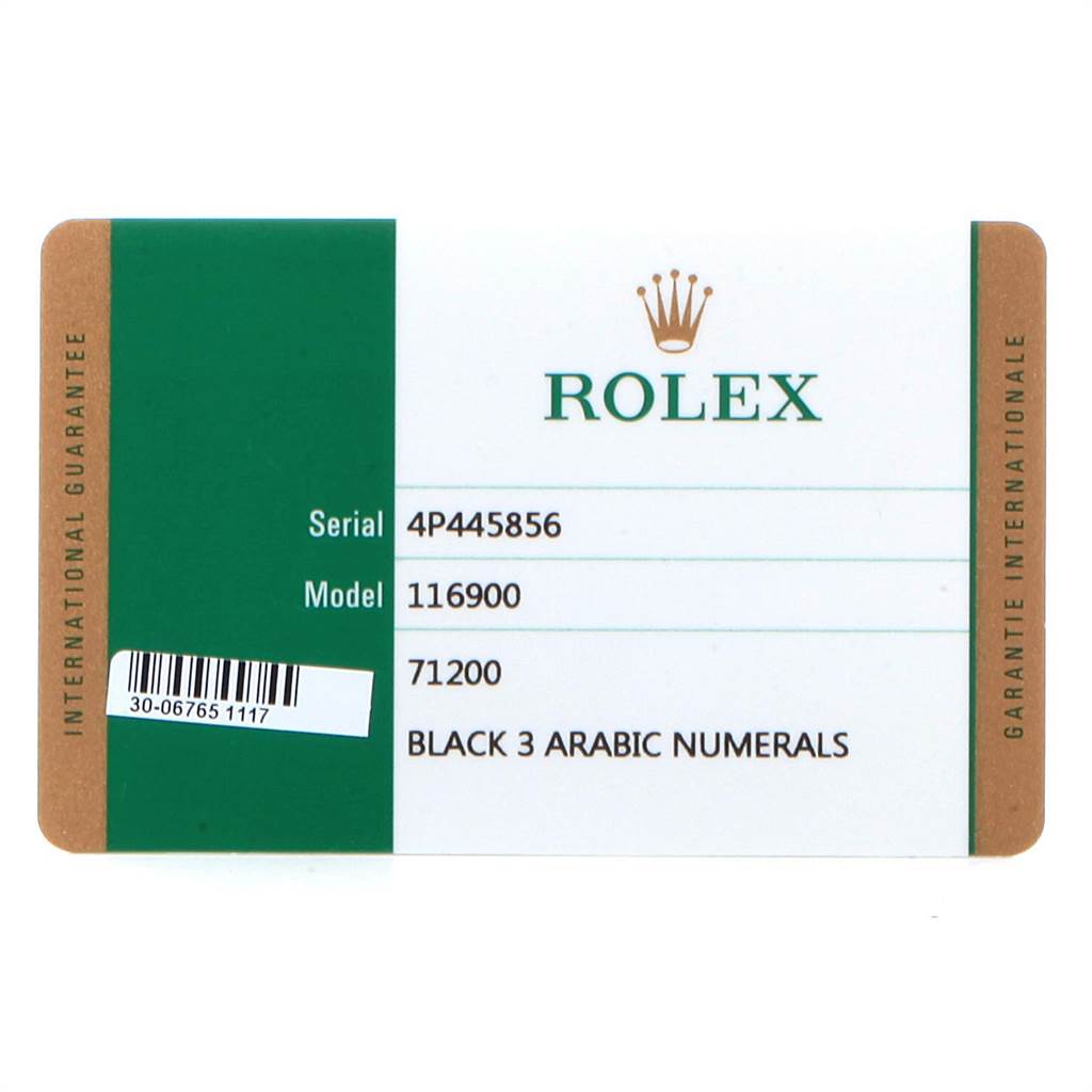 This image shows a guarantee card for the Rolex Air-King 116900 Men's Stainless Steel Black Dial 116900 Men's Stainless Steel Black Dial model 116900, listing the serial number and details.