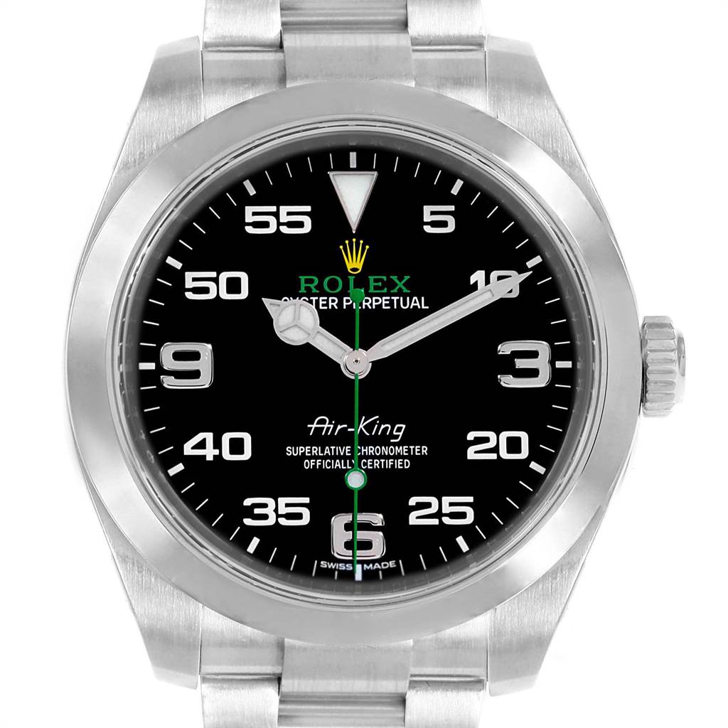 This image shows a front view of a Rolex Air-King 116900 Men's Stainless Steel Black Dial 116900 Men's Stainless Steel Black Dial watch, displaying its black dial, silver markers, and metallic bracelet.