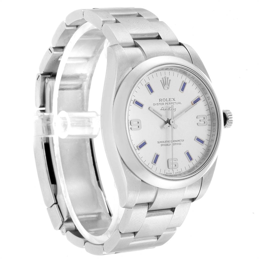 The image shows the front and partial side view of a Rolex Air-King 114200 Men's Stainless Steel Silver Dial 114200 Men's Stainless Steel Silver Dial watch, displaying its face, bezel, and metal bracelet.