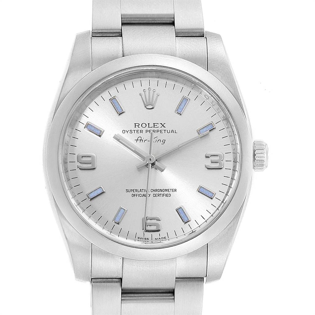 This Rolex Air-King 114200 Men's Stainless Steel Silver Dial 114200 Men's Stainless Steel Silver Dial watch is shown from the front, highlighting the face, bezel, and part of the bracelet.