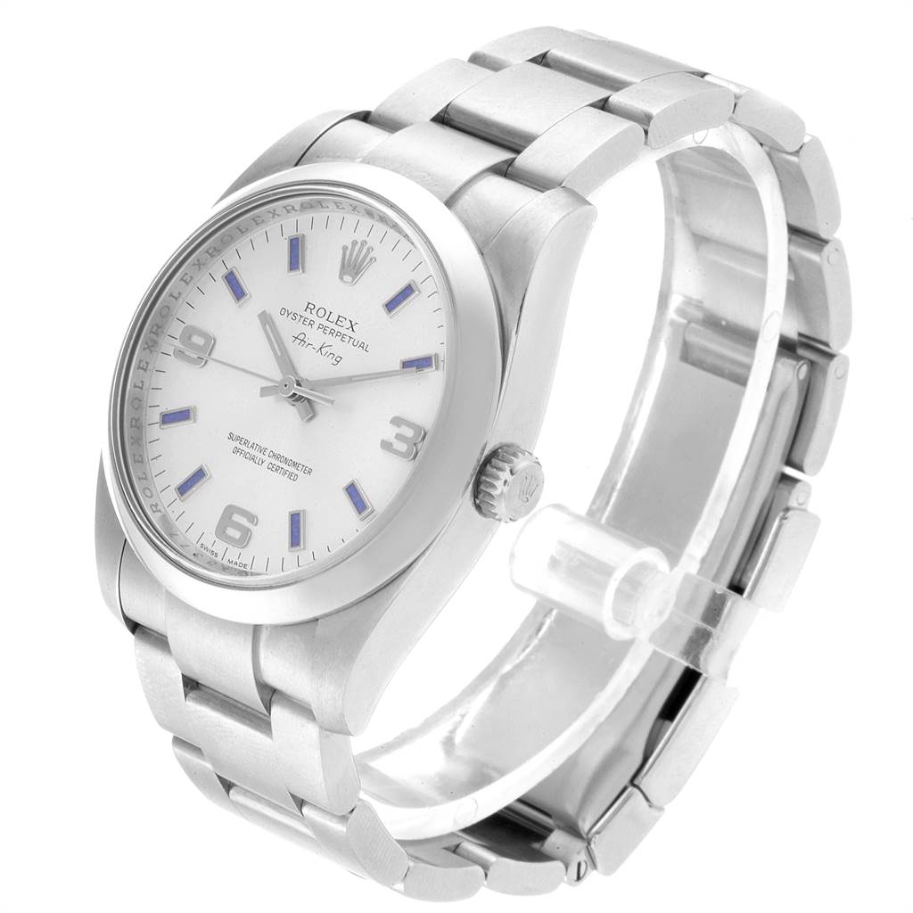 The image shows a Rolex Air-King 114200 Men's Stainless Steel Silver Dial 114200 Men's Stainless Steel Silver Dial watch at a three-quarter angle, displaying the face, crown, and bracelet.