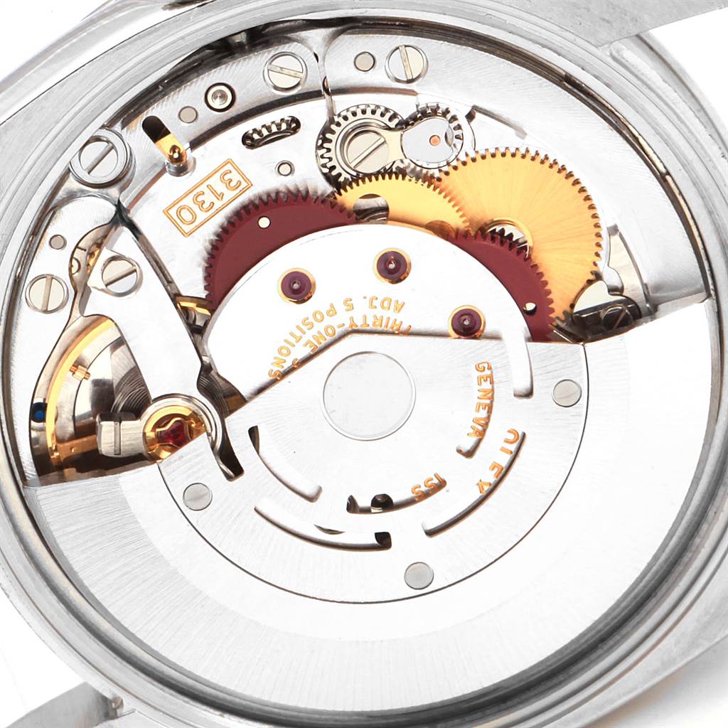 The image shows the internal mechanical movement of a Rolex Air-King 114200 Men's Stainless Steel Silver Dial 114200 Men's Stainless Steel Silver Dial watch, viewed from a close-up angle.