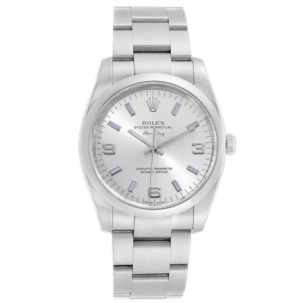 The Rolex Air-King 114200 Men's Stainless Steel Silver Dial 114200 Men's Stainless Steel Silver Dial watch is shown from a front angle, displaying its face, bezel, and part of the bracelet.