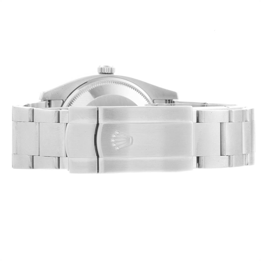 This image shows the clasp and a portion of the bracelet of the Rolex Air-King 114200 Men's Stainless Steel Silver Dial 114200 Men's Stainless Steel Silver Dial watch, viewed from the back.