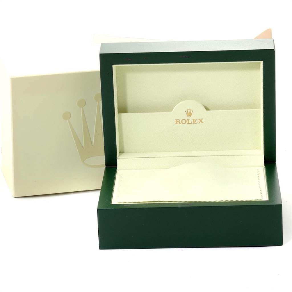 The Rolex Air-King 114200 Men's Stainless Steel Blue Dial 114200 Men's Stainless Steel Blue Dial watch box and outer packaging are shown from a front angle, with the box lid open.