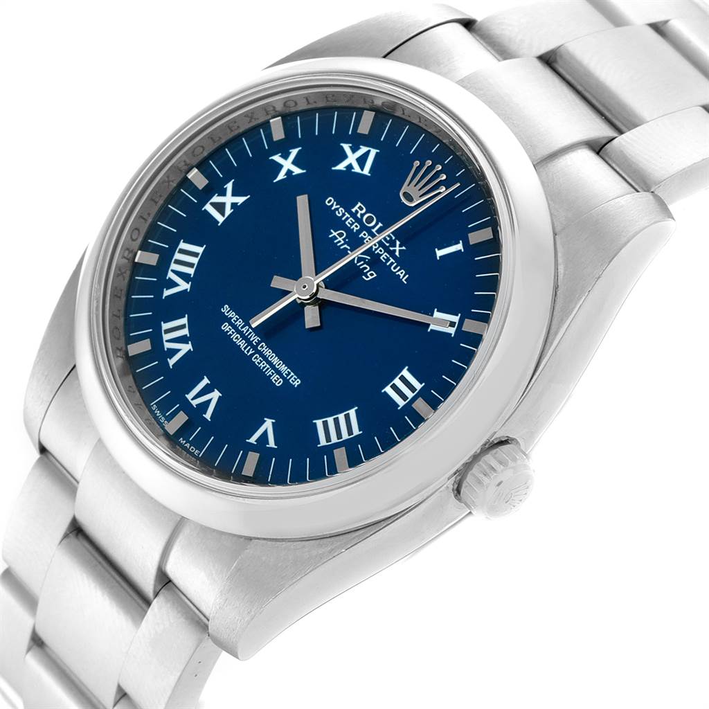 The image shows a close-up, angled view of the face and part of the bracelet of a Rolex Air-King 114200 Men's Stainless Steel Blue Dial 114200 Men's Stainless Steel Blue Dial watch.