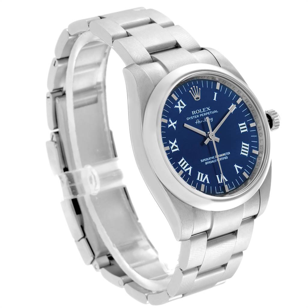 The image shows a Rolex Air-King 114200 Men's Stainless Steel Blue Dial 114200 Men's Stainless Steel Blue Dial watch at a slight angle, highlighting the blue dial, stainless steel case, and bracelet.