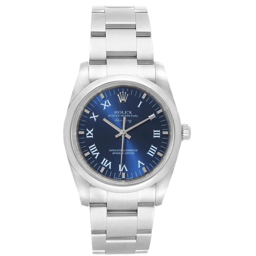 The Rolex Air-King 114200 Men's Stainless Steel Blue Dial 114200 Men's Stainless Steel Blue Dial watch is shown from a front angle, displaying its face, bezel, and bracelet.