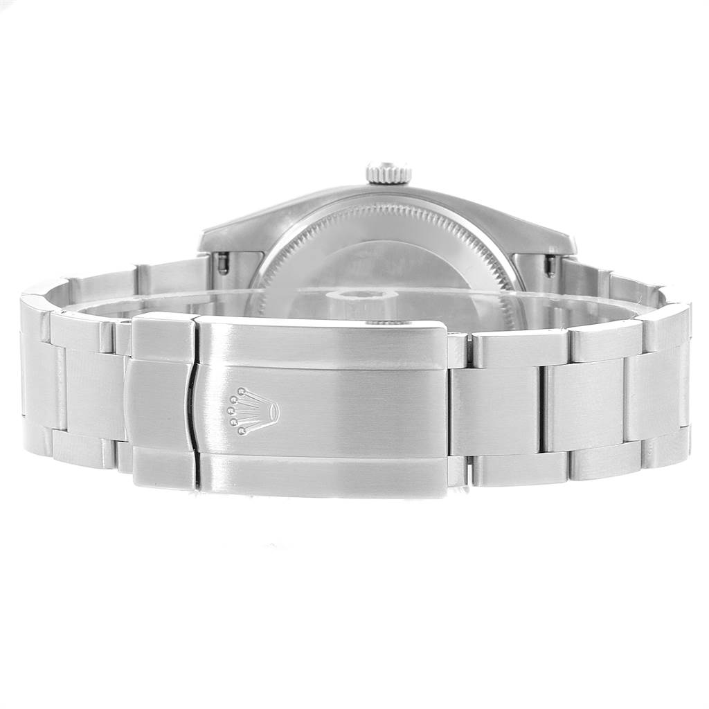 This image shows the back and clasp of a Rolex Air-King 114200 Men's Stainless Steel Blue Dial 114200 Men's Stainless Steel Blue Dial watch from a rear angle.