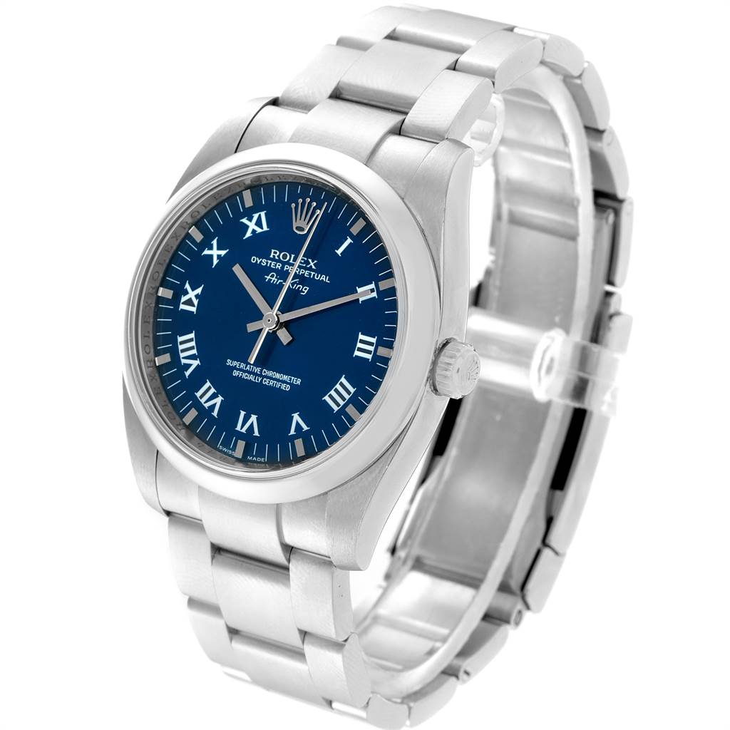 The Rolex Air-King 114200 Men's Stainless Steel Blue Dial 114200 Men's Stainless Steel Blue Dial watch is shown at a front angle, displaying the blue dial, stainless steel case, and bracelet.