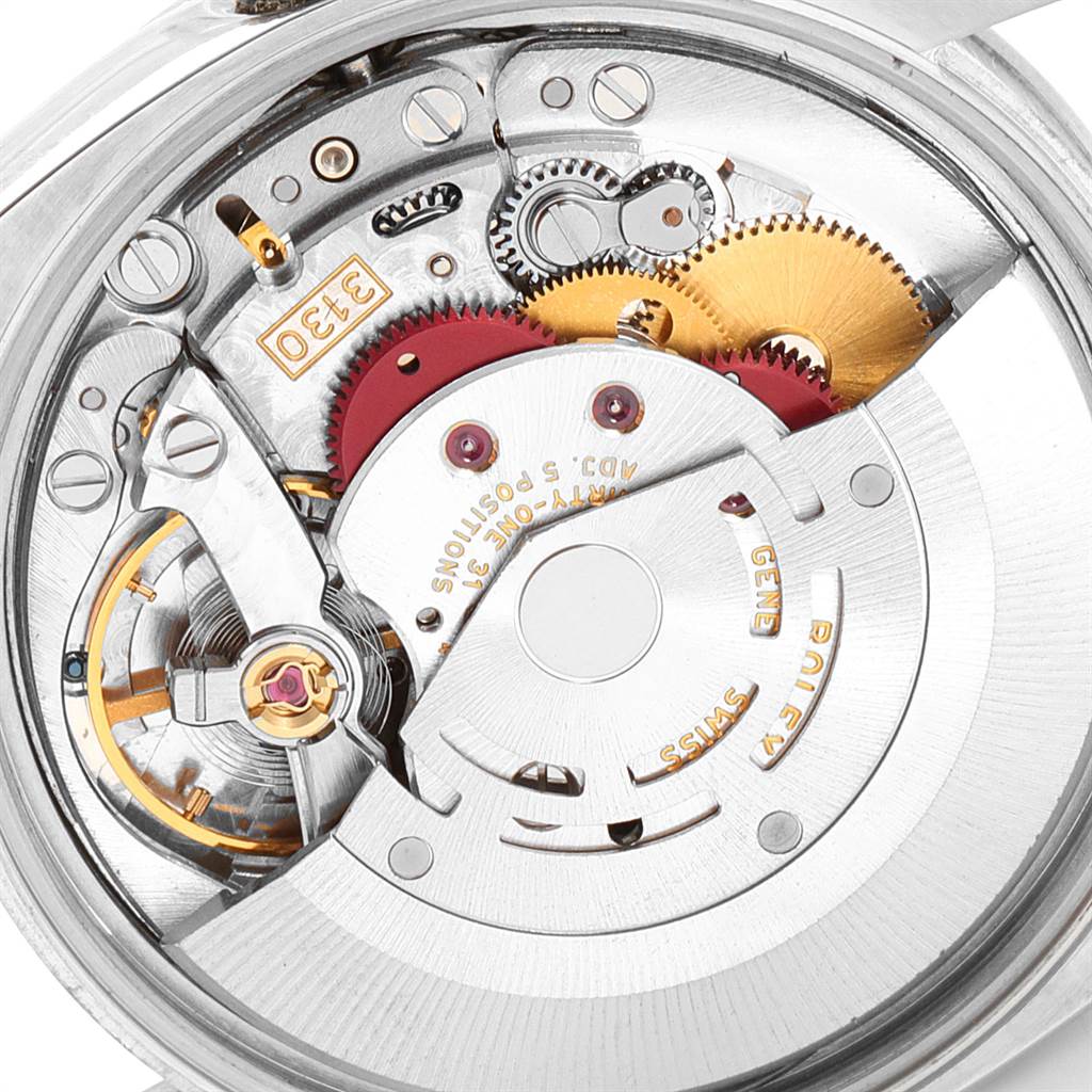 This image shows the internal mechanical movement of a Rolex Air-King 114200 Men's Stainless Steel Blue Dial 114200 Men's Stainless Steel Blue Dial watch, displaying gears and intricate components.