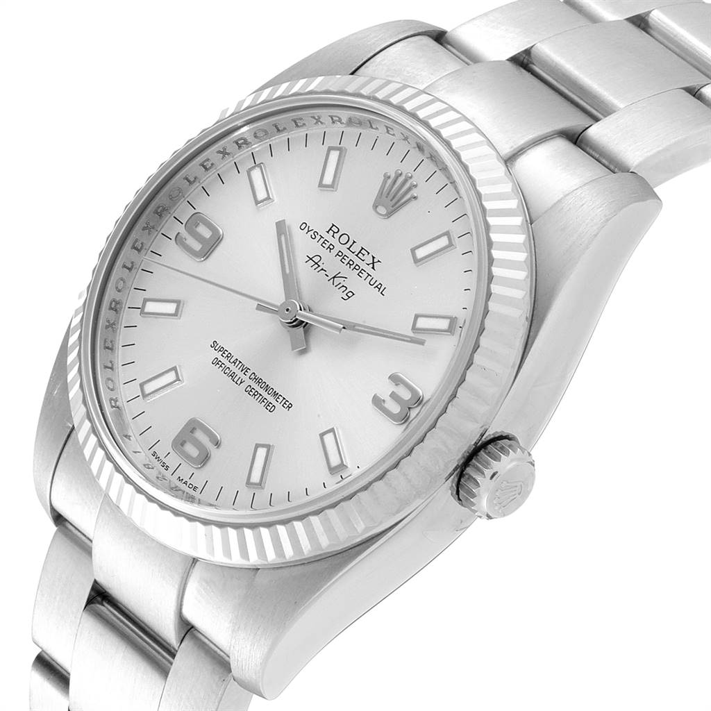 The image shows a Rolex Air-King 114234 Men's Stainless Steel Silver Dial 114234 Men's Stainless Steel Silver Dial watch at a slight angle, highlighting the face, bezel, crown, and part of the bracelet.
