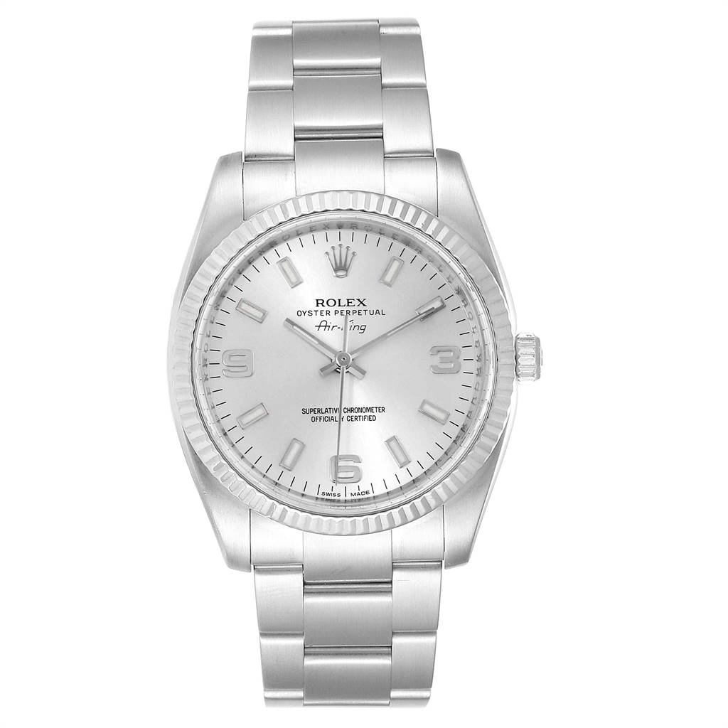The image shows a front view of the Rolex Air-King 114234 Men's Stainless Steel Silver Dial 114234 Men's Stainless Steel Silver Dial watch, displaying its face, bezel, and bracelet.