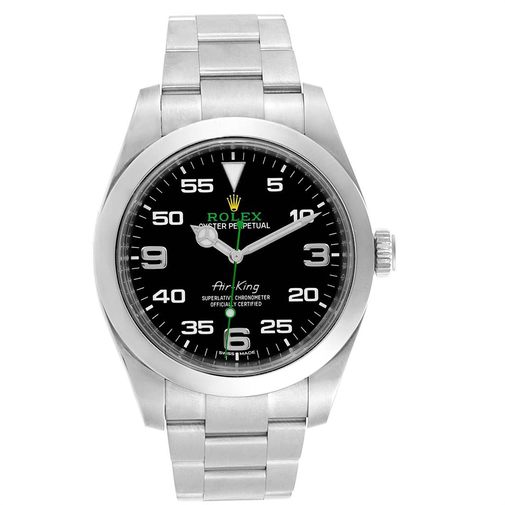 The Rolex Air-King 116900 Men's Stainless Steel Black Dial 116900 Men's Stainless Steel Black Dial watch is shown from a front angle, displaying the dial, case, crown, and bracelet.