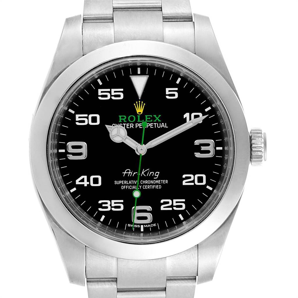 The image shows a front view of a Rolex Air-King 116900 Men's Stainless Steel Black Dial 116900 Men's Stainless Steel Black Dial watch, detailing the face, bezel, bracelet, and crown.