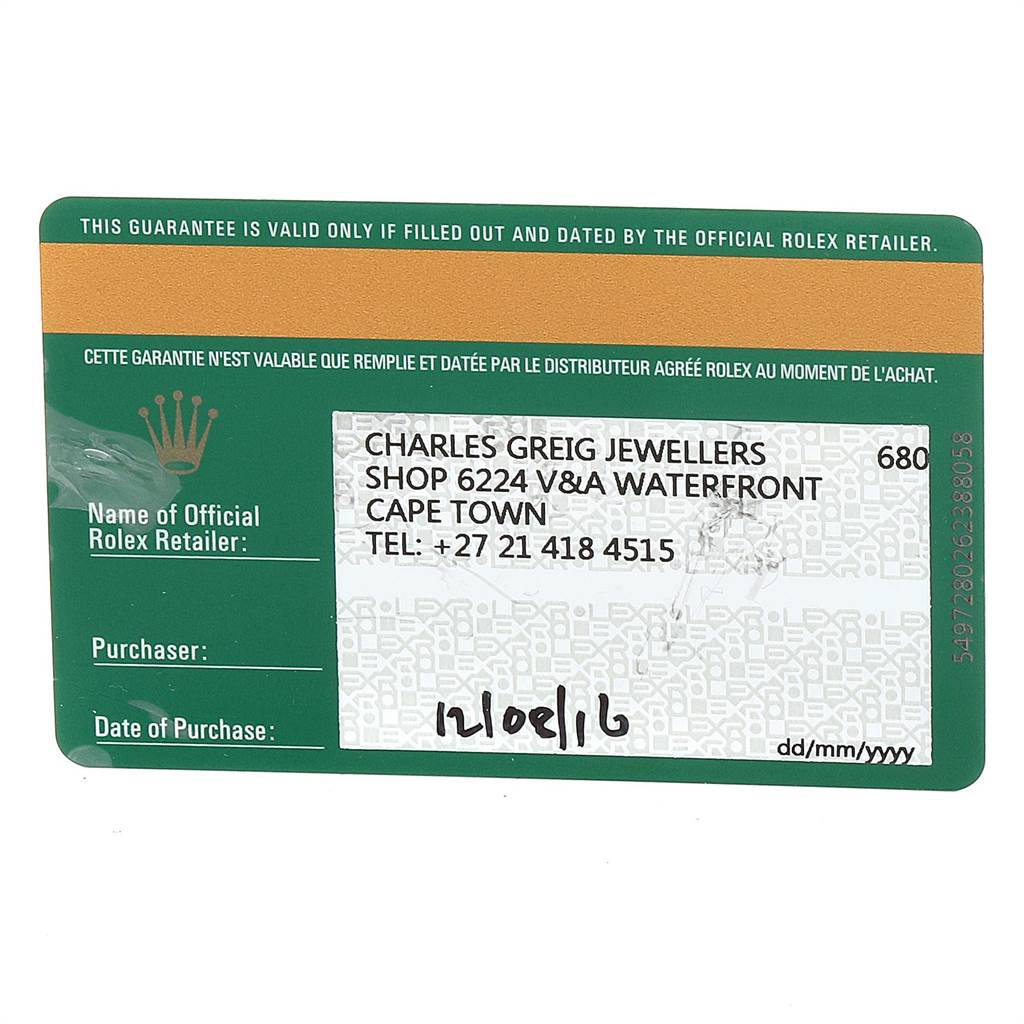 This image shows the official guarantee card for a Rolex Air-King 116900 Men's Stainless Steel Black Dial 116900 Men's Stainless Steel Black Dial watch.