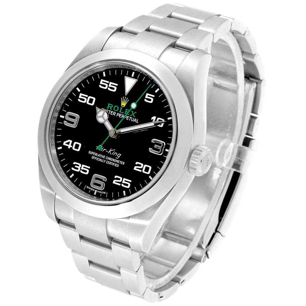 The Rolex Air-King 116900 Men's Stainless Steel Black Dial 116900 Men's Stainless Steel Black Dial watch is shown from a three-quarter angle, displaying the face, crown, case, and bracelet.