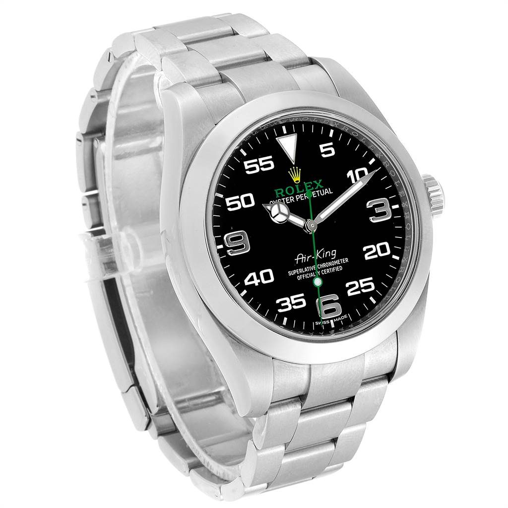 The image shows the Rolex Air-King 116900 Men's Stainless Steel Black Dial 116900 Men's Stainless Steel Black Dial watch at an angled top-front view, featuring the dial, bezel, and part of the bracelet.