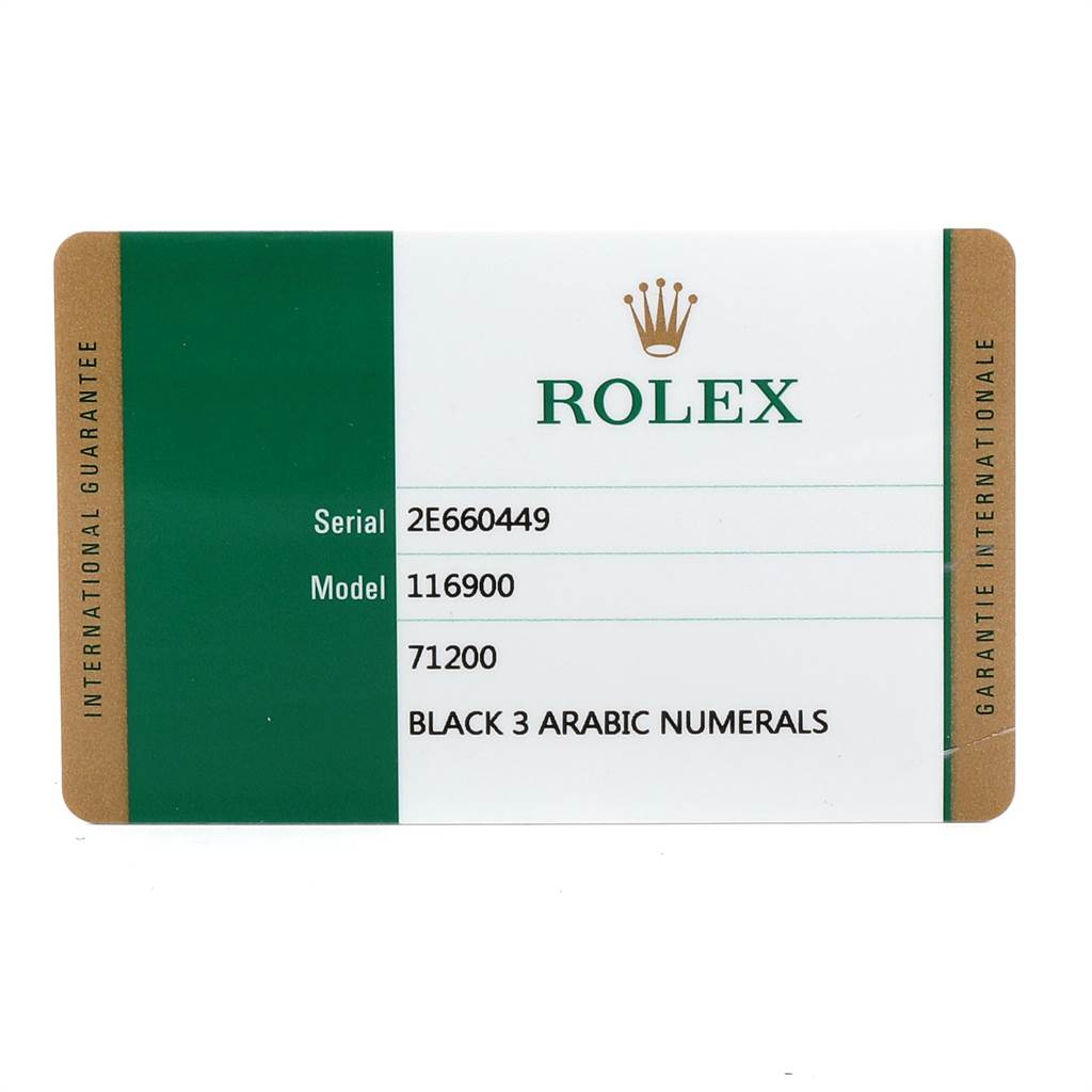 This image shows the international guarantee card for a Rolex Air-King 116900 Men's Stainless Steel Black Dial 116900 Men's Stainless Steel Black Dial model 116900 watch.