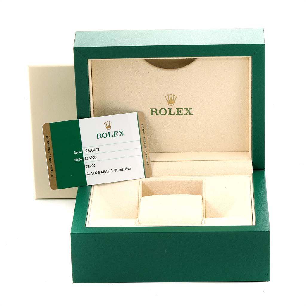 This image shows an open Rolex box for the Air-King model, displaying the serial/model card and cushion for the watch.