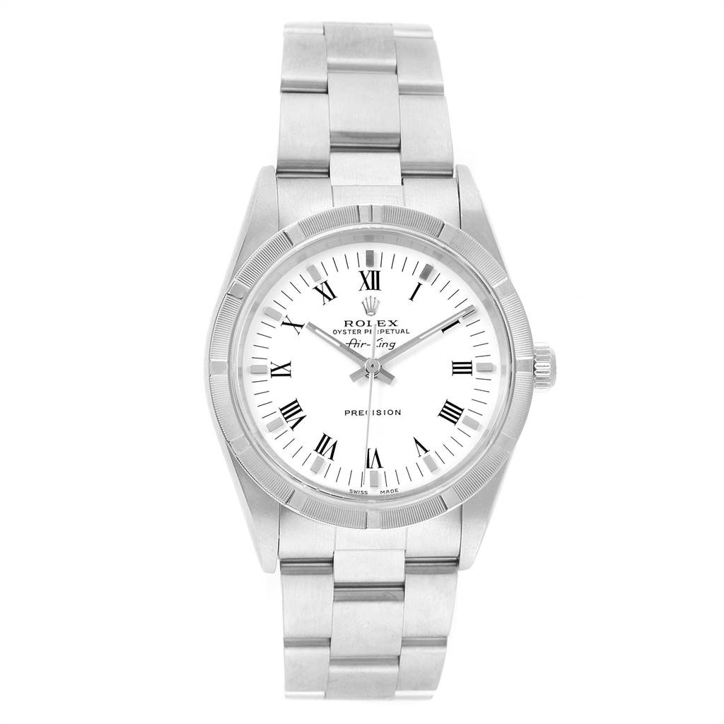 The image shows a front view of a Rolex Air-King 14010 Men's Stainless Steel White Dial 14010 Men's Stainless Steel White Dial watch, displaying its face, bezel, crown, and bracelet.