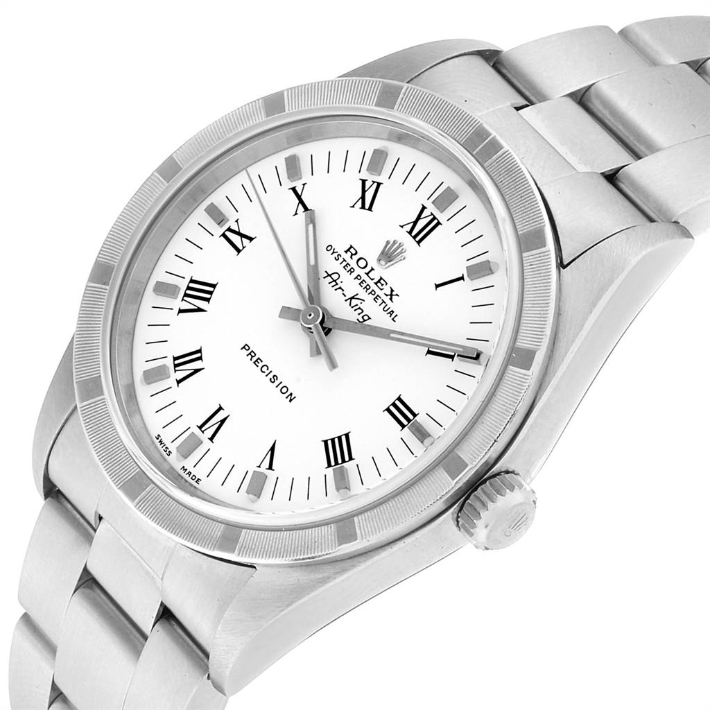 This image shows a Rolex Air-King 14010 Men's Stainless Steel White Dial 14010 Men's Stainless Steel White Dial watch from a tilted angle highlighting the dial, bezel, crown, and part of the bracelet.