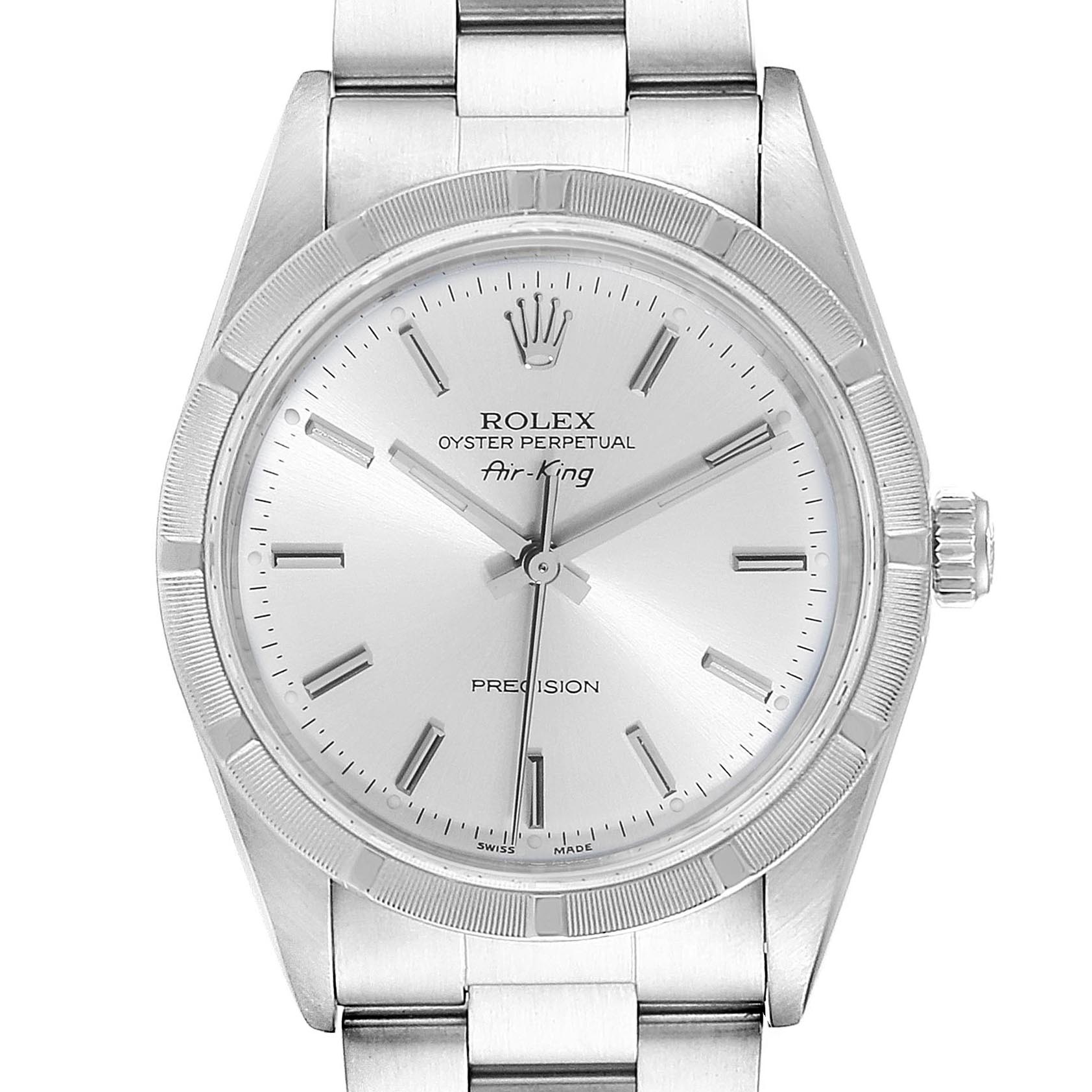 The image shows a Rolex Air-King 14010 Men's Stainless Steel Silver Dial 14010 Men's Stainless Steel Silver Dial watch from a front angle, highlighting the dial, bezel, crown, and part of the bracelet.