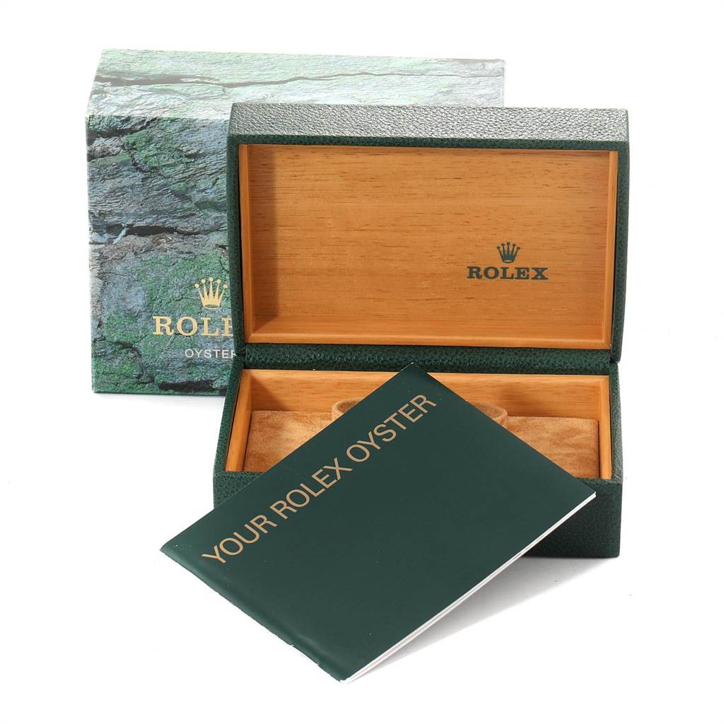 The image shows an open Rolex Air-King 14010 Men's Stainless Steel Silver Dial 14010 Men's Stainless Steel Silver Dial watch box with the outer packaging and a booklet labeled "Your Rolex Oyster."
