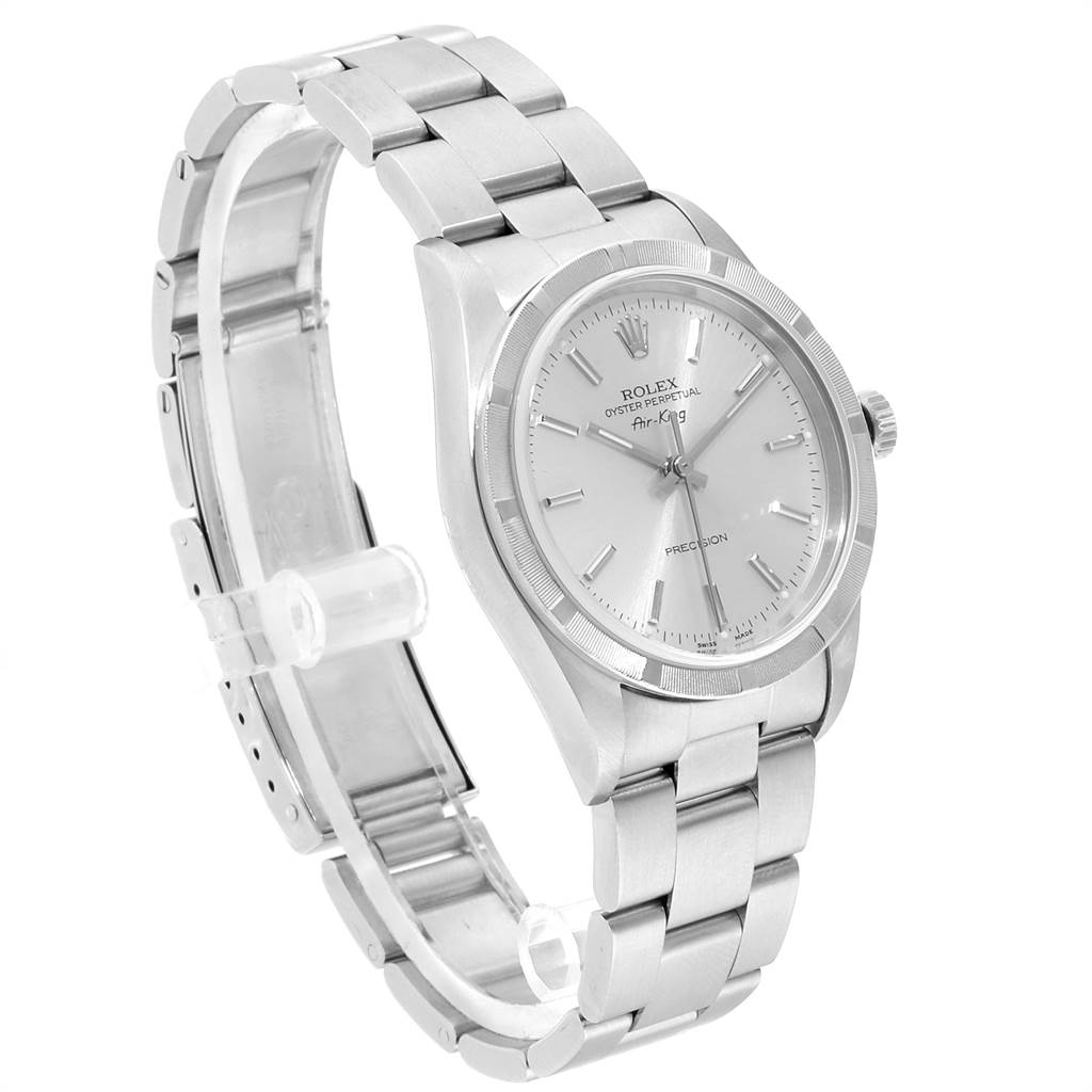 The image shows a Rolex Air-King 14010 Men's Stainless Steel Silver Dial 14010 Men's Stainless Steel Silver Dial watch from a front-side angle, highlighting its face, bezel, and bracelet.