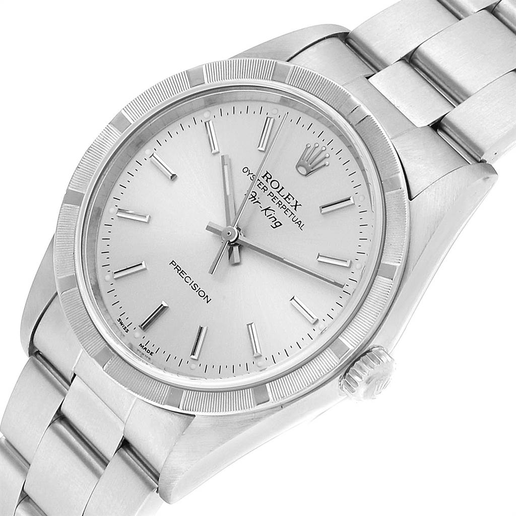 The image shows a Rolex Air-King 14010 Men's Stainless Steel Silver Dial 14010 Men's Stainless Steel Silver Dial watch from an angled top view, highlighting the dial, bezel, crown, and part of the bracelet.