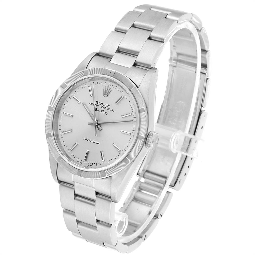 The image shows a Rolex Air-King 14010 Men's Stainless Steel Silver Dial 14010 Men's Stainless Steel Silver Dial watch at a three-quarter angle, highlighting the dial, stainless steel bracelet, and clasp.