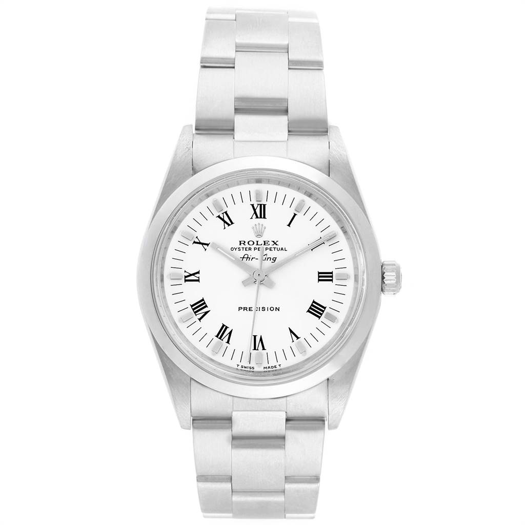 This image shows a Rolex Air-King 14000 Men's Stainless Steel White Dial 14000 Men's Stainless Steel White Dial watch from a front angle, highlighting its face, bezel, and bracelet.