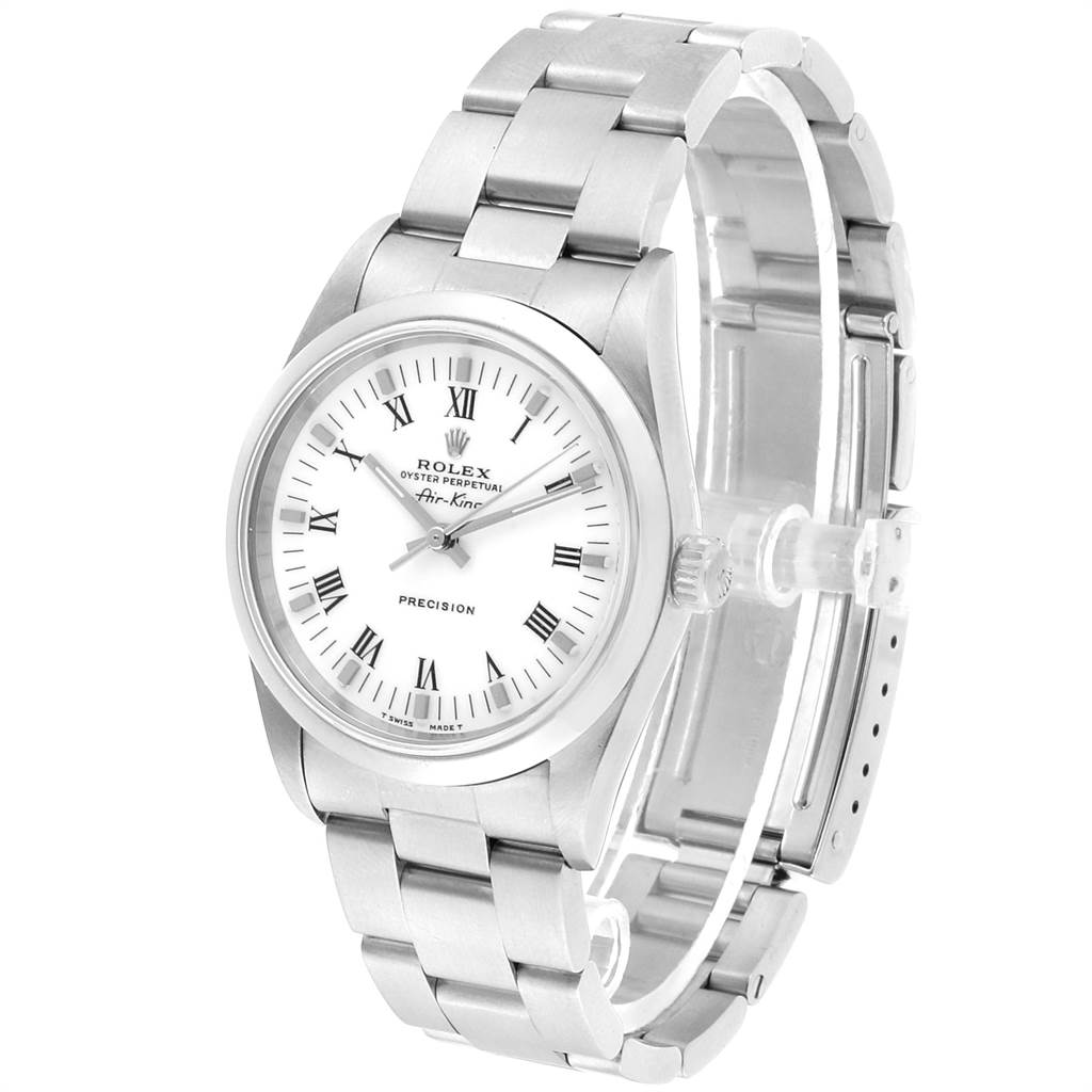 The Rolex Air-King 14000 Men's Stainless Steel White Dial 14000 Men's Stainless Steel White Dial watch is shown at a three-quarter angle, displaying its face, crown, and bracelet.