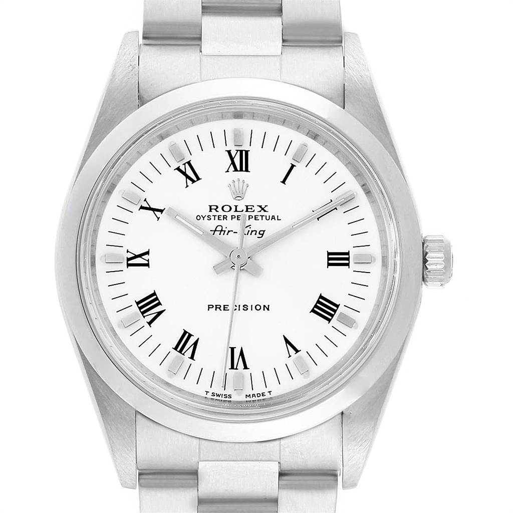 The image shows a front view of the Rolex Air-King 14000 Men's Stainless Steel White Dial 14000 Men's Stainless Steel White Dial watch, displaying the dial, crown, and part of the metal bracelet.