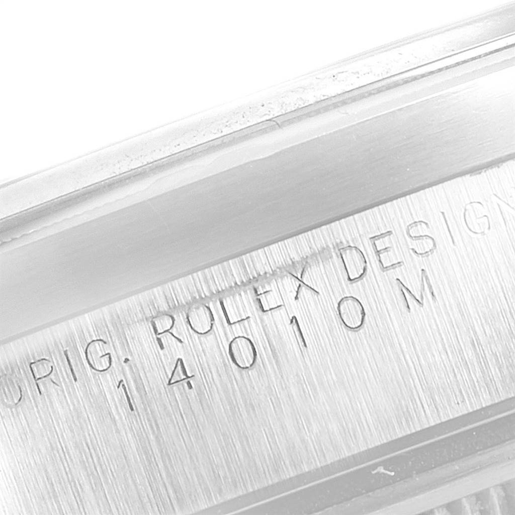 The image shows a close-up of the side of a Rolex Air-King 14010 Men's Stainless Steel Blue Dial 14010 Men's Stainless Steel Blue Dial watch case with the model number inscribed.
