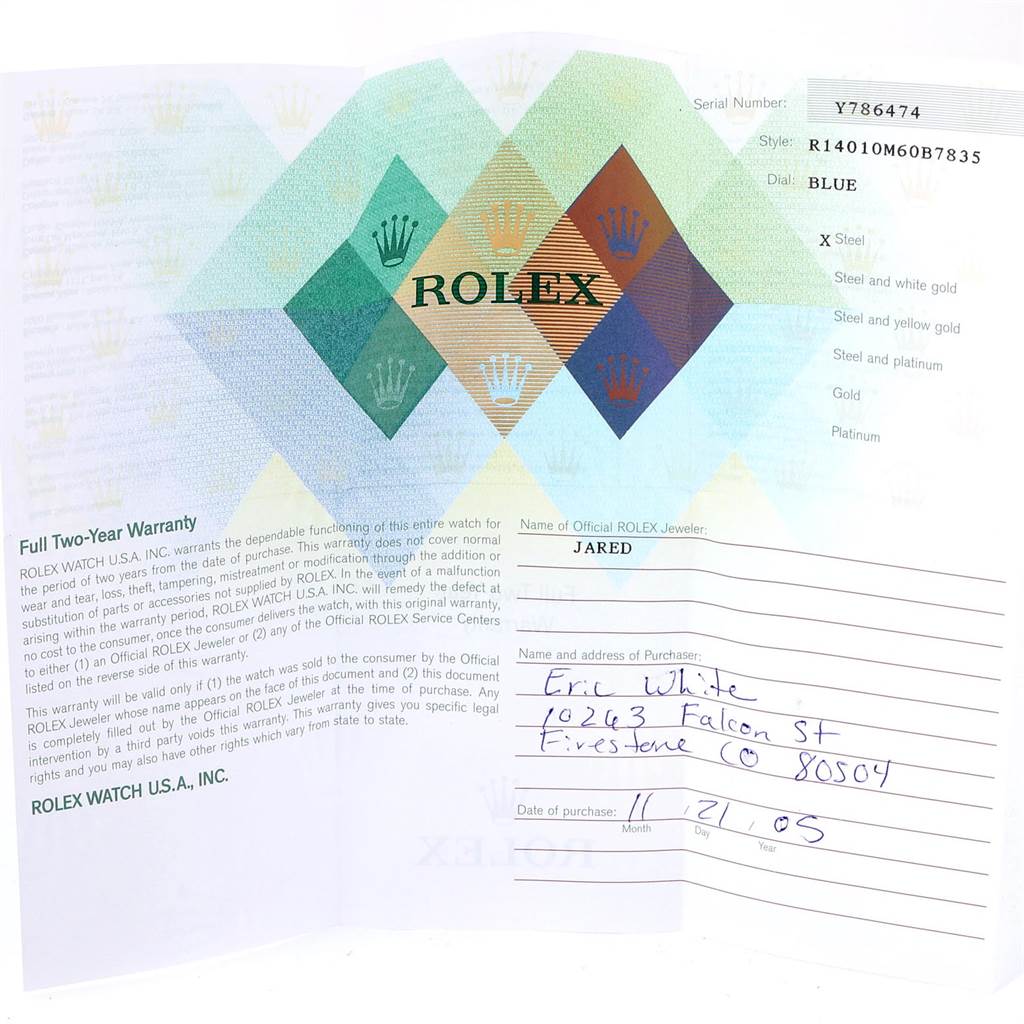 The image shows the warranty certificate for a Rolex Air-King 14010 Men's Stainless Steel Blue Dial 14010 Men's Stainless Steel Blue Dial watch, highlighting details such as the model, serial number, and purchase information.