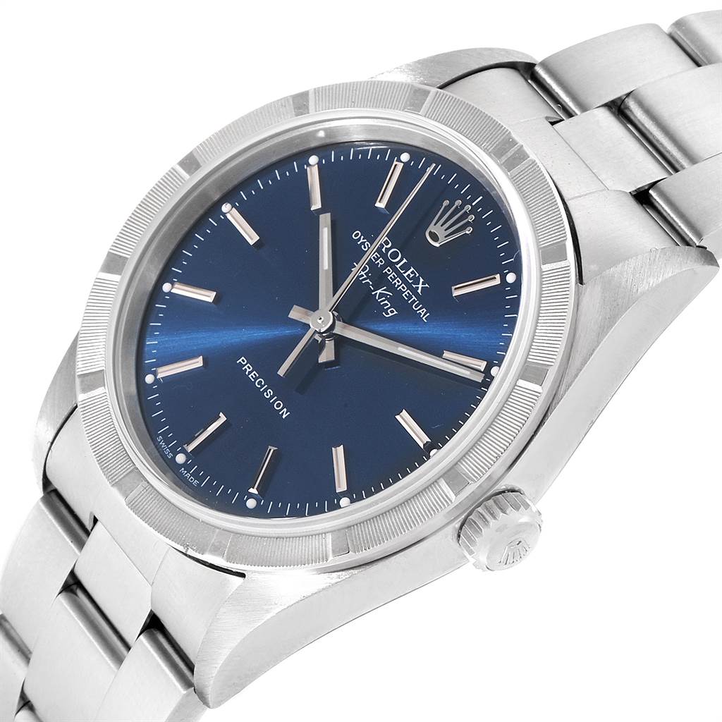 The image shows a Rolex Air-King 14010 Men's Stainless Steel Blue Dial 14010 Men's Stainless Steel Blue Dial watch at an oblique angle, highlighting the face, bezel, crown, and part of the bracelet.