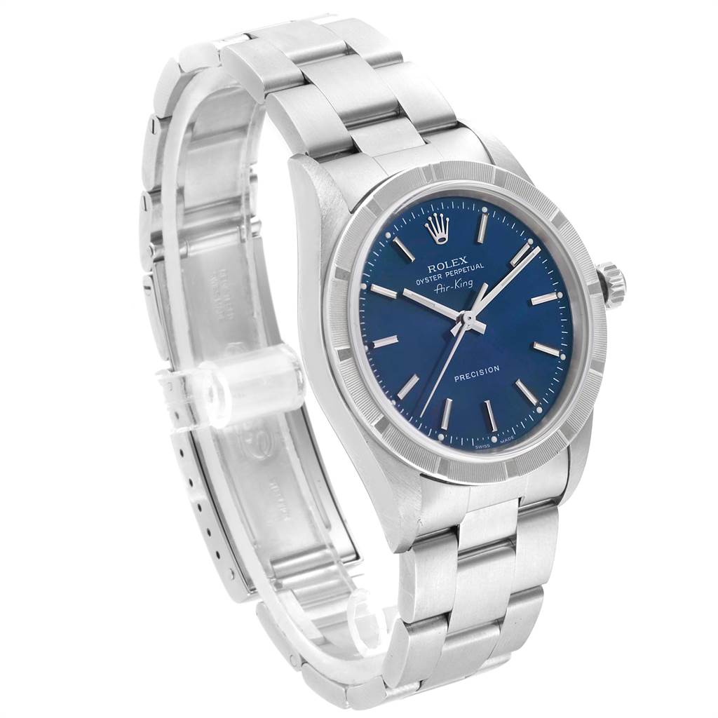 The Rolex Air-King 14010 Men's Stainless Steel Blue Dial 14010 Men's Stainless Steel Blue Dial watch is shown from an angled side view, highlighting the blue dial, crown, and stainless steel bracelet.