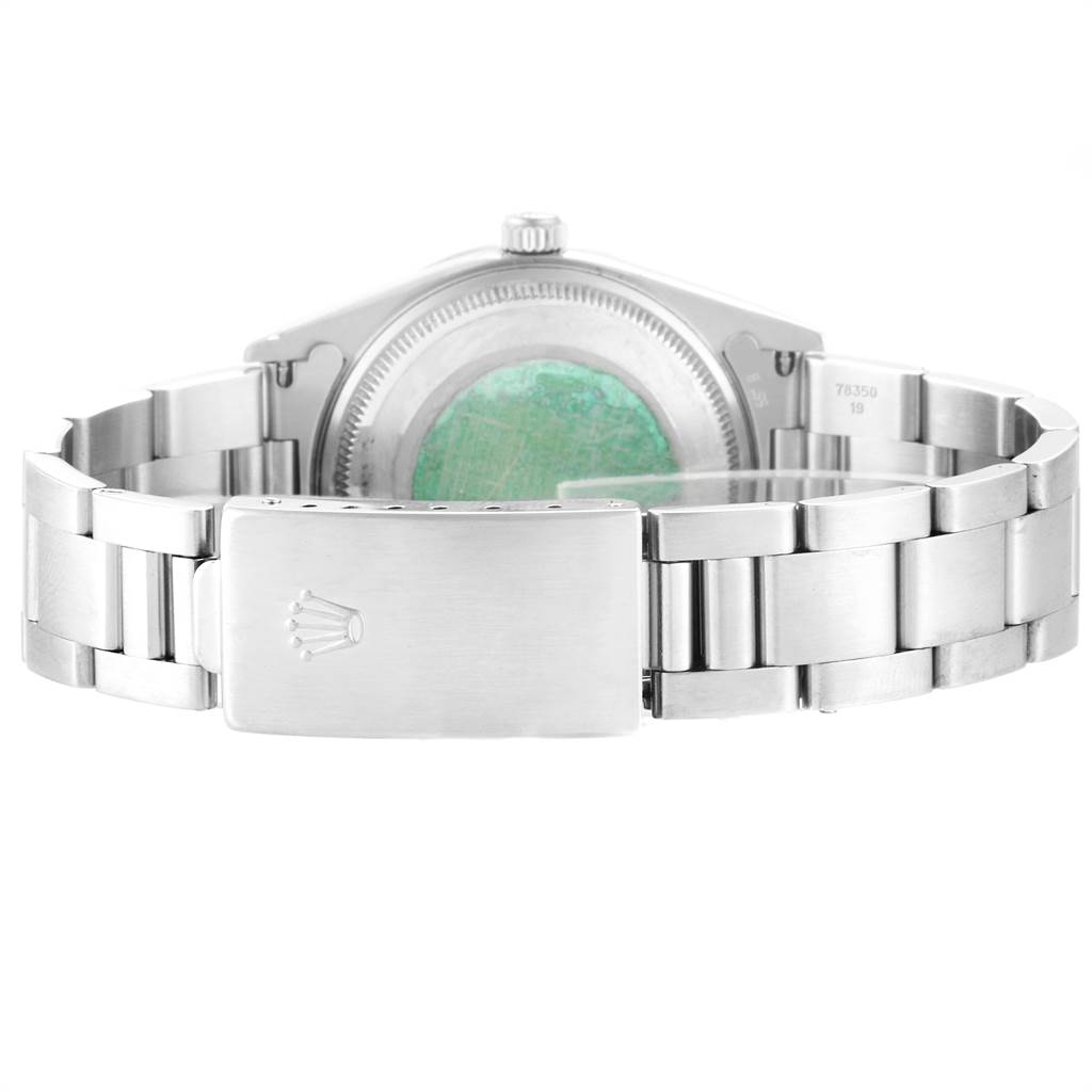 The image shows the back case and clasp of a Rolex Air-King 14010 Men's Stainless Steel Blue Dial 14010 Men's Stainless Steel Blue Dial watch.